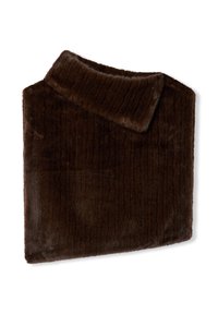 Poncho marrone in pelliccia sintetica con collo a risvolto, caratterizzato da un motivo testurizzato e una superficie liscia. Forma rettangolare, finitura morbida, senza accessori metallici.