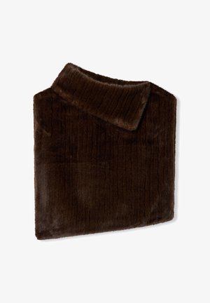 Poncho marrone in pelliccia sintetica con collo a risvolto, caratterizzato da un motivo testurizzato e una superficie liscia. Forma rettangolare, finitura morbida, senza accessori metallici.