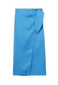 Gonna blu con nodo laterale, lunghezza midi e tessuto leggermente testurizzato.