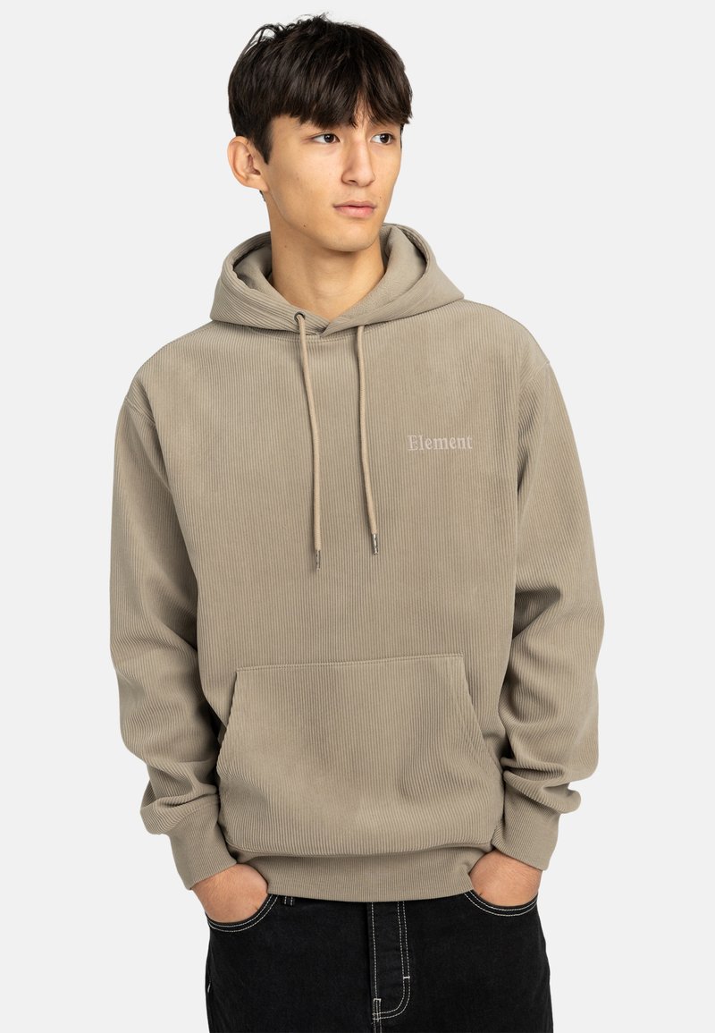 Sudadera beige de canalé con cordones, bolsillo canguro y sutil marca "Element" en el pecho. Fabricada en material suave.