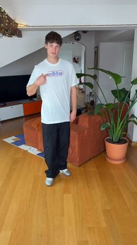 Balta T-krekls ar daudzkrāsainu "adidas" logotipu, melnas brīvi pieguļošas bikses un sudraba apavi. Iekštelpu vide ar augu un mēbelēm fonā.