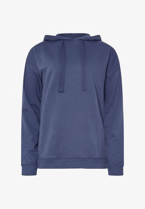 Sweatshirt à capuche bleu foncé, fabriqué en tissu lisse. Il possède des manches longues, des poignets côtelés et une coupe décontractée avec une poche kangourou.