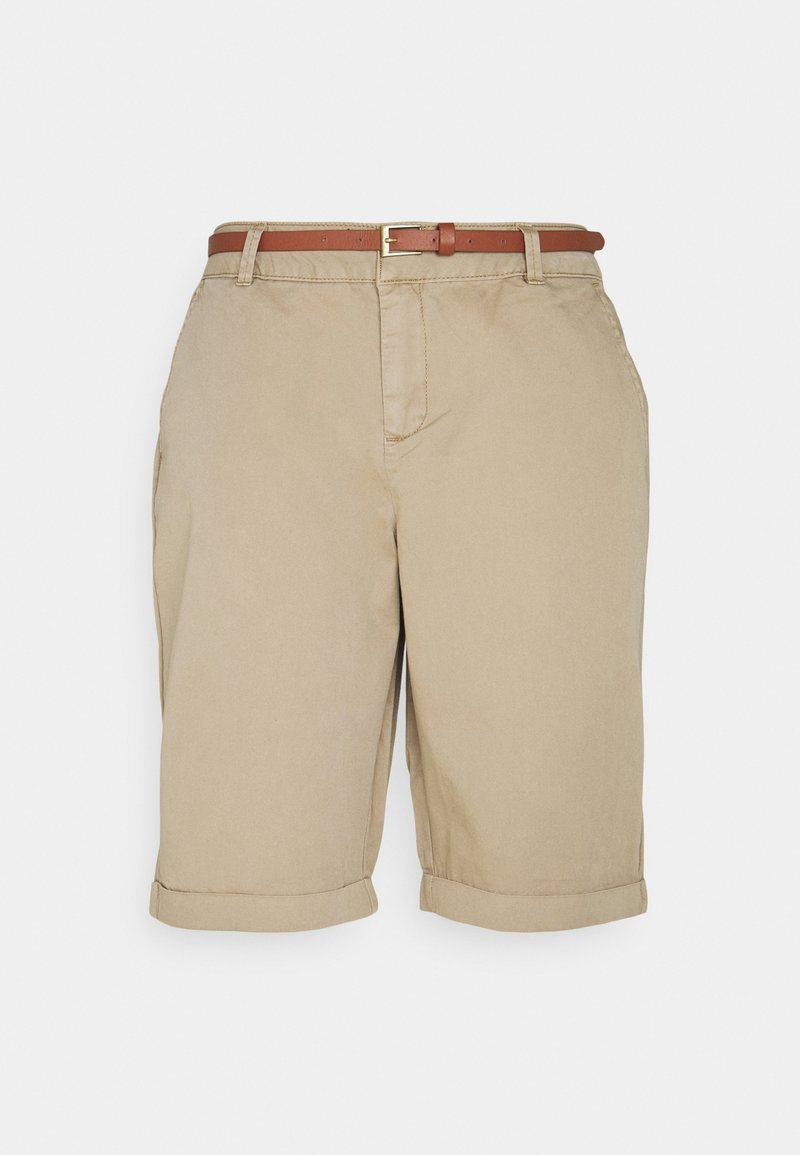 Beige puuvillashortsit, joissa on kääritty helma ja ruskea vyö. Takanapissa on vetoketju ja etutaskut, mikä antaa rentoa muotoilua.