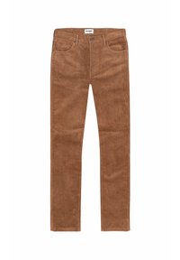 Pantalon en velours côtelé marron avec une coupe droite, comportant deux poches avant et une étiquette à la taille. Tissu texturé avec un motif côtelé.