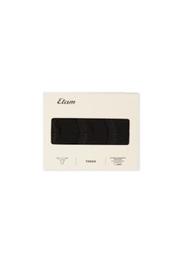 Dreierpack schwarze Baumwoll-Tangas unter der cremefarbenen Verpackung mit dem Etikett "Etam" und einer Zertifizierung für Bio-Baumwolle.
