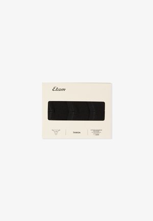Pack of three black cotton tanga-style underwear in cream packaging labeled "Etam" with organic cotton conversion certification.