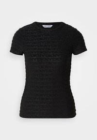 Svart kortermet T-skjorte med teksturert design og gjentakende "DKNY" mønster, rund hals og tettsittende fasong.
