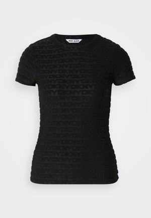 Svart kortermet T-skjorte med teksturert design og gjentakende "DKNY" mønster, rund hals og tettsittende fasong.