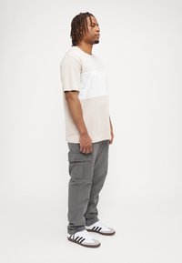 Beige en witte kleurblok t-shirt met korte mouwen, gecombineerd met grijze cargobroek met meerdere zakken en witte sneakers met zwarte strepen.