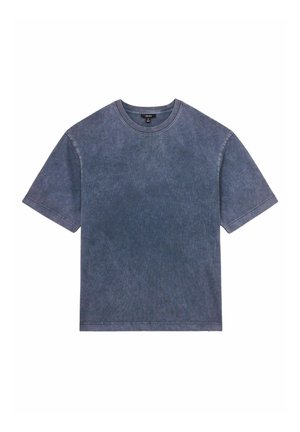 Denim blauwe katoenen t-shirt met korte mouwen, een ronde hals en een ontspannen pasvorm. Zachte textuur en vervaagde ontwerpen met subtiele kleurvariaties.