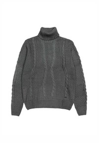 Maglione grigio a maglia con collo a lupetto rigato, caratterizzato da fantasie a treccia e una trama textured. Vestibilità rilassata con maniche lunghe e orlo arrotondato.