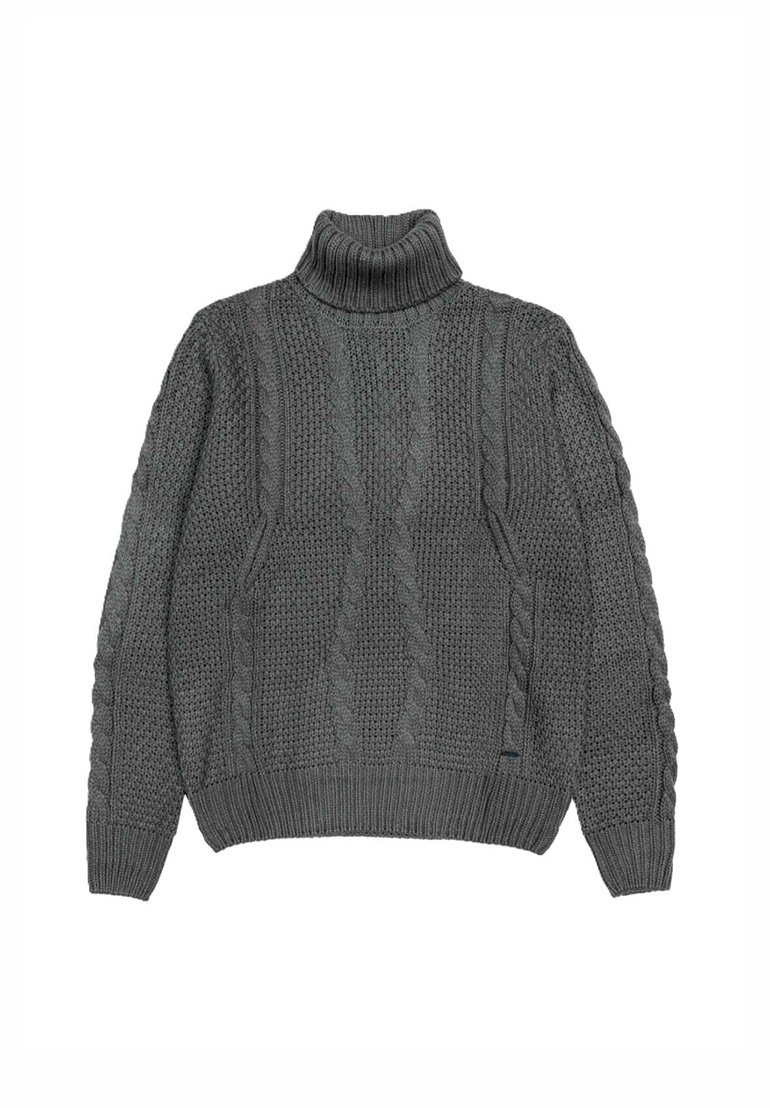 Maglione grigio a maglia con collo a lupetto rigato, caratterizzato da fantasie a treccia e una trama textured. Vestibilità rilassata con maniche lunghe e orlo arrotondato.