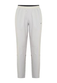 Hellgraue Sporthose mit einem elastischen Bund, zwei seitlichen Taschen, schmal zulaufendem Bein und minimalen Nahtdetails.