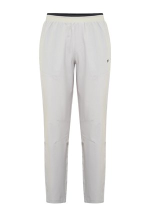 Hellgraue Sporthose mit einem elastischen Bund, zwei seitlichen Taschen, schmal zulaufendem Bein und minimalen Nahtdetails.