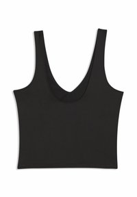 Μαύρο κοντό τοπ με φαρδιές τιράντες και βαθύ στρογγυλό ντεκολτέ, απλωμένο επίπεδα σε λευκό φόντο.