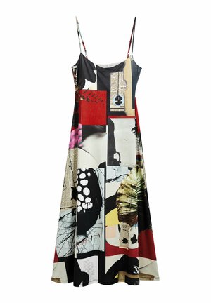 Kleid mit dünnen Trägern, mehrfarbiges Patchwork-Design mit abstrakten Mustern, einschließlich Rot-, Schwarz- und Weißtönen. Weicher Stoff.