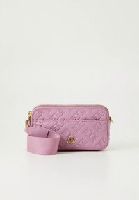 Small pink synthetic handbag with a textured surface featuring a pattern, gold hardware, and a detachable fabric strap.