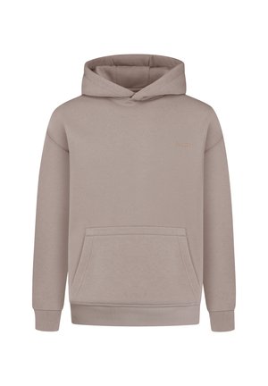 Beżowa bluza z kapturem wykonana z miękkiej tkaniny, z przednią kieszenią, prążkowanymi mankietami i dołem oraz minimalistycznym logo na piersi.