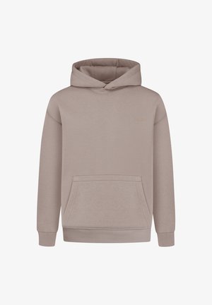 Beige hoodie gemaakt van zachte stof, met een voorzak, ribbelboorden en onderrand, en minimalistische branding op de borst.