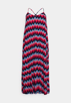 Abito lungo con motivo a zigzag in blu, rosa e nero. Tessuto leggero, spalline sottili e silhouette vaporosa.