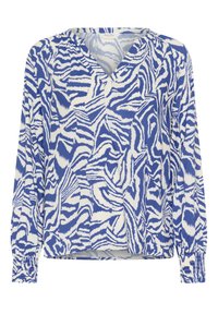 Blå och vit mönstrad blus med V-hals, långa ärmar och elastiska manschetter. Tillverkad av lätt tyg och har en abstrakt design.