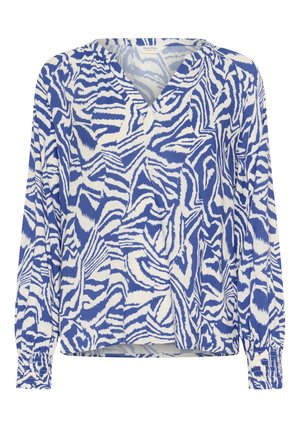 Modra in bela bluzica z vzorcem, z V-izrezom, dolgimi rokavi in elastičnimi manšitami. Narejena iz lahke tkanine, z abstraktnim vzorcem.