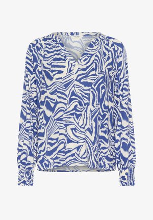 Kék és fehér mintás blúz, V-kivágással, hosszú ujjakkal és elasztikus mandzsettával. Könnyű anyagból készült, absztrakt mintázattal.