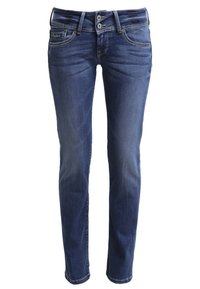Vaqueros de denim azul oscuro con un ajuste estrecho, que cuentan con un cierre de doble botón, cinco bolsillos y un ligero desvanecimiento en los muslos.