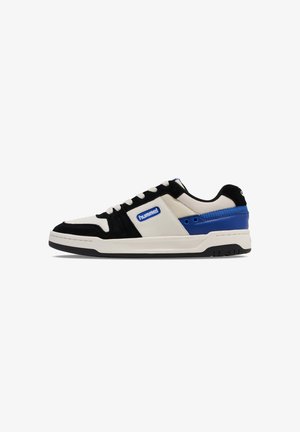 Black and white sneaker with blue accents, featuring suede and leather materials, round toe, flat laces, and a rubber sole for traction.