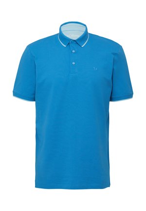 Sinine polo särk, mis on valmistatud puuvillast, kahe nööbiga kaelusega, lühikeste varrukatega ja kerge sinise kontrastsetega krae ja varrukate peal.