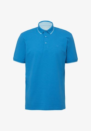 Polo shirt blu in cotone, con una patta a due bottoni, maniche corte e accenti azzurri a contrasto sul colletto e sulle maniche.