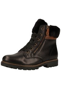 Stivale nero in pelle con colletto in pelliccia sintetica, allacciatura frontale e zip laterale. Presenta una suola in gomma texturizzata e dettagli marroni.