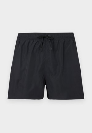 Sorte badeshorts med elastisk talje og snøre foran, vist fladt på hvid baggrund.