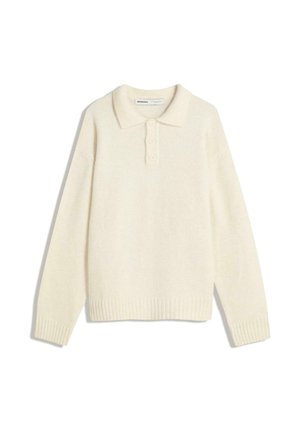 Langärmeliger Strickpullover in Creme mit Kragen und drei Knöpfen an der vorderen Leiste.