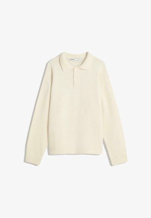 Langärmeliger Strickpullover in Creme mit Kragen und drei Knöpfen an der vorderen Leiste.