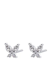 Pendientes de mariposa de plata con gemas transparentes en corte marquesa y acentos redondos, con un acabado pulido y un diseño simétrico.