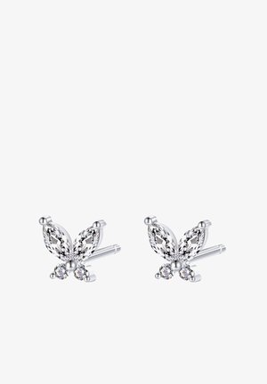 Pendientes de mariposa de plata con gemas transparentes en corte marquesa y acentos redondos, con un acabado pulido y un diseño simétrico.