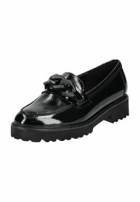 Schwarze Lackleder-Slipper mit einer robusten Profilsohle, die eine geflochtene Akzentuierung über dem Spann und kontrastierende Nähte entlang der Kanten aufweist.