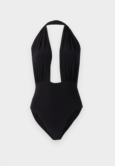 Svart badingdrakt i ett stykke med halterneck-design, dyp utringning foran, samlet stoff ved bysten, og en glatt tekstur.