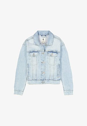 Light blue denim jacket with button front, two chest buttoned flap pockets, and side seam pockets, laid flat on white background.