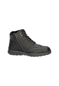 Botas de cuero negro hasta el tobillo con un acabado texturizado, que presentan cierres de cordones y cremallera, un collarín acolchado y suelas de goma resistentes para mayor tracción.