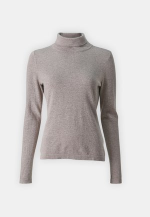 Light gray turtleneck sweater with long sleeves, made from a soft fabric. Features a fitted design and ribbed cuffs. Smooth texture.