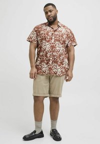 Lühikeste varrukatega pruun lilleline särk valgete lehestiku mustriga, kombineeritud beežide lühikesed püksid ja mustad jalanõud. Sokid on heledashallid.