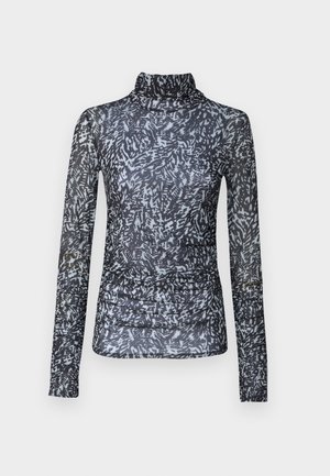 Langermet topp med mock neck i gjennomsiktig svart stoff med abstrakte mønstre i hvitt og grått; har rynkedetaljer i midjen.