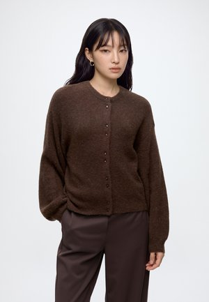 Vrouw met lang donker haar draagt een bruine gebuttonede cardigan en bijpassende bruine broek, staand tegen een effen lichte achtergrond.