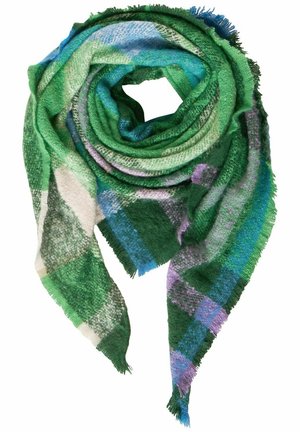 Green, blue, and purple plaid wool scarf with fringe edges, folded in a circular shape on a white background.