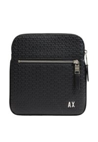 Black rectangular bag made of textured material featuring a front zip pocket and silver hardware. Notable accent: embossed logo "AX."