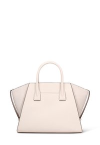 Sac à main structuré beige en cuir lisse, forme angulaire, deux poignées supérieures et panneaux latéraux beige clair contrastants. Design minimaliste.