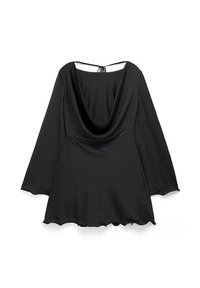 Mustast madala kaelusega ülaosast, millel on pikad, flööritud varrukad. Pehme tekstuur ja voolav siluett, mis hõlmab ulatuva tagakülje disaini ja reguleeritava nöörkinnitusega.