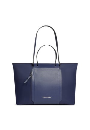 Marineblauwe lederen draagtas met dubbele handvatten, voorvak met ritssluiting en zilveren Piquadro-logo gecentreerd op het vak.